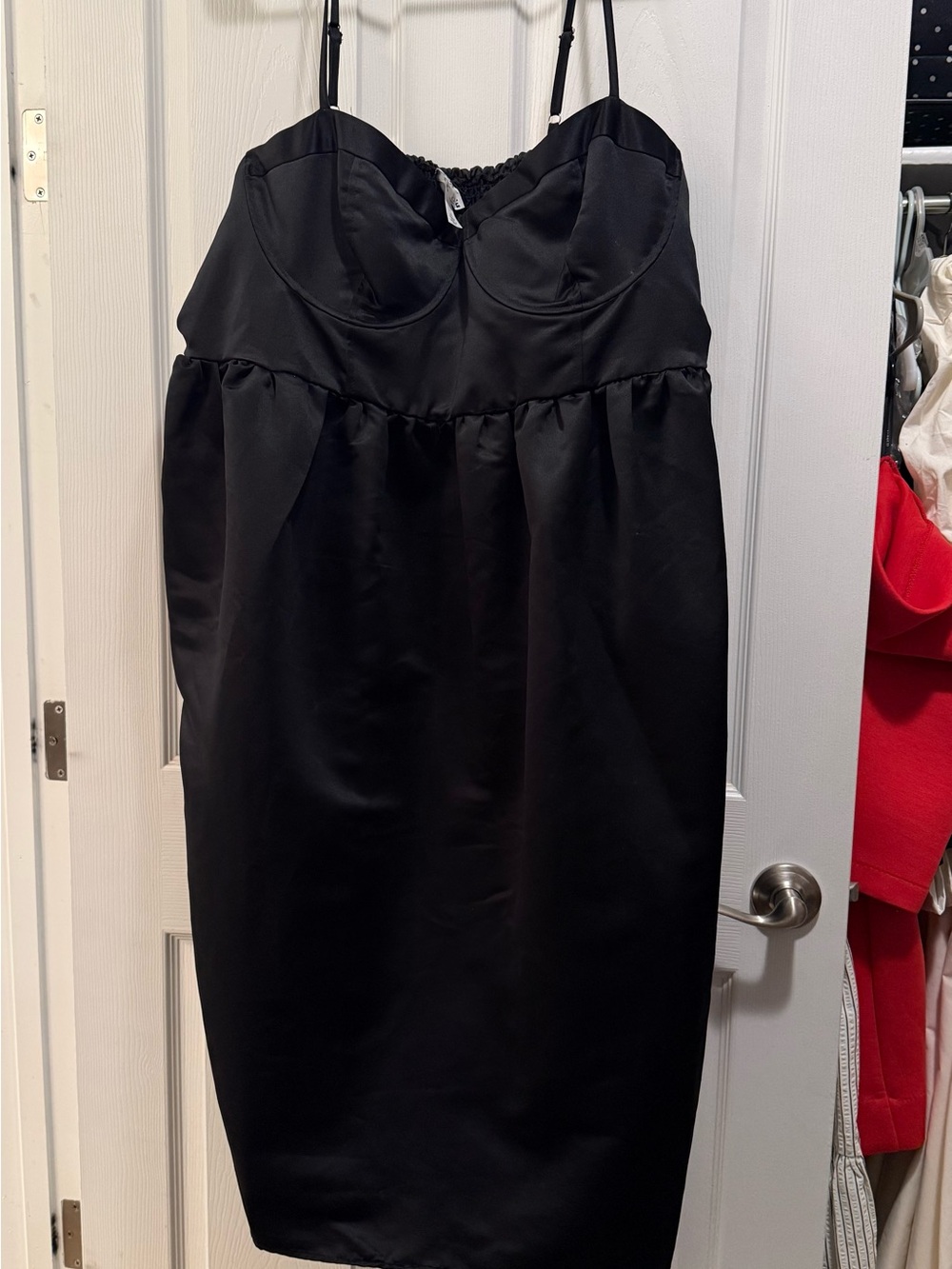 Chic Black Satin Midi Dress with Spaghetti Straps
